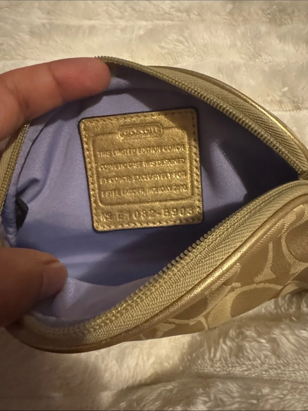 Coach Limited Edition Estee Lauder cosmetic Makeup Bag Pouch Gold and Tan